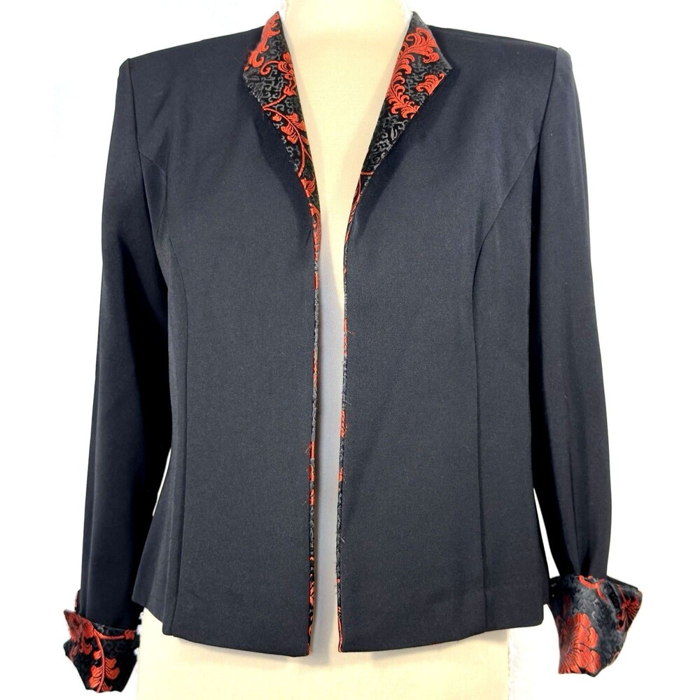 Vintage 90s Miss Dorby Black Red Brocade Blazer Jacket Size 8 Asian Floral
